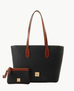 Pebble Grain Tote With Medium Wristlet Black