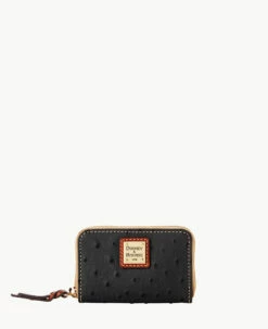 Ostrich Large Zip Around Credit Card Case Black